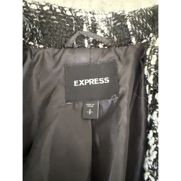 EXPRESS Plaid Tweed Boucle 1 Button Woven Coat Jacket Women Black White Small - Picture 4 of 10
